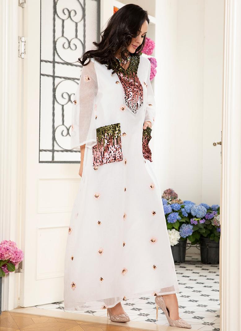 فرايديين لبس العطلة انيق طوق على شكل V جاكار المتدرج تطريز الترتر الاكمام المتوهجة قفطان ابيض - Image 3