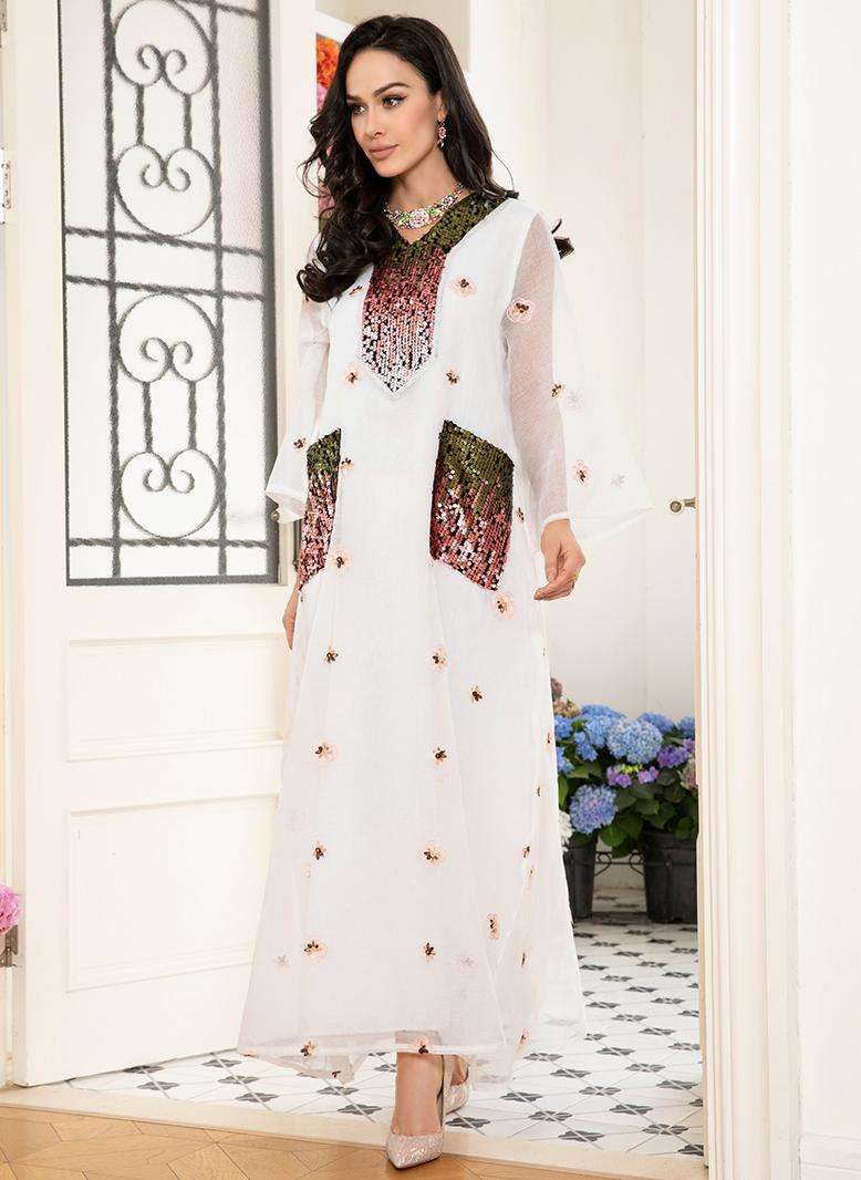 فرايديين لبس العطلة انيق طوق على شكل V جاكار المتدرج تطريز الترتر الاكمام المتوهجة قفطان ابيض - Image 5