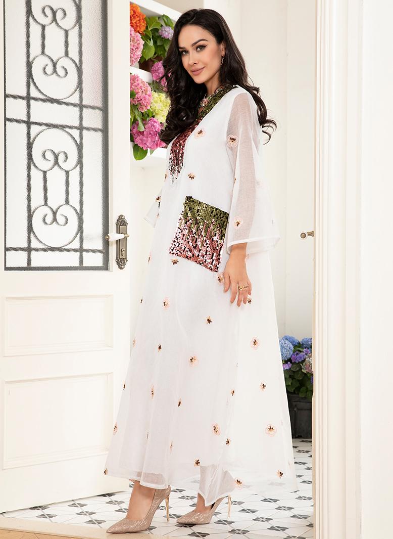 فرايديين لبس العطلة انيق طوق على شكل V جاكار المتدرج تطريز الترتر الاكمام المتوهجة قفطان ابيض - Image 1