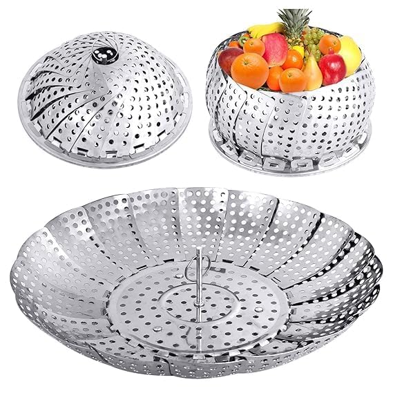 CREDSY MultiPurpose Stainless Steel Vegetable Steamer Basket Food Drain Bowl Basket Collapsible Steamer Baskets for Cooking Food Vegetables Momos and More Fits Various Pot Sizes - Image 1