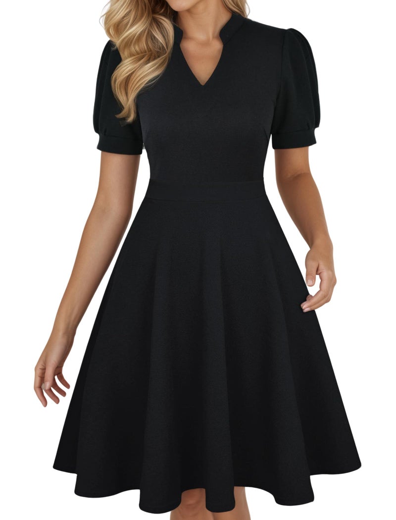Mokayee Black Funeral Dresses for Women Summer Puff Sleeve V Neck A Line Semi-Formal Fit and Flare Swing Cocktail Modest Interview Dinner Business Wear to Work Dresses with Pockets XL - Image 1