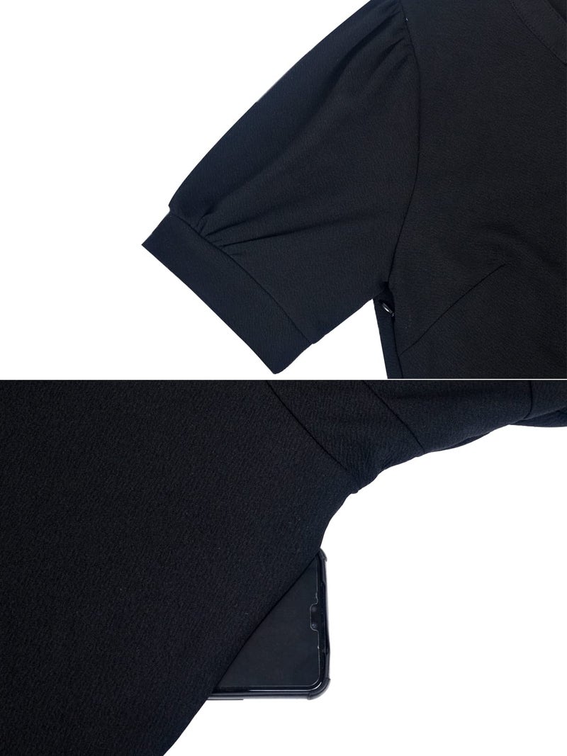 Mokayee Black Funeral Dresses for Women Summer Puff Sleeve V Neck A Line Semi-Formal Fit and Flare Swing Cocktail Modest Interview Dinner Business Wear to Work Dresses with Pockets XL - Image 4
