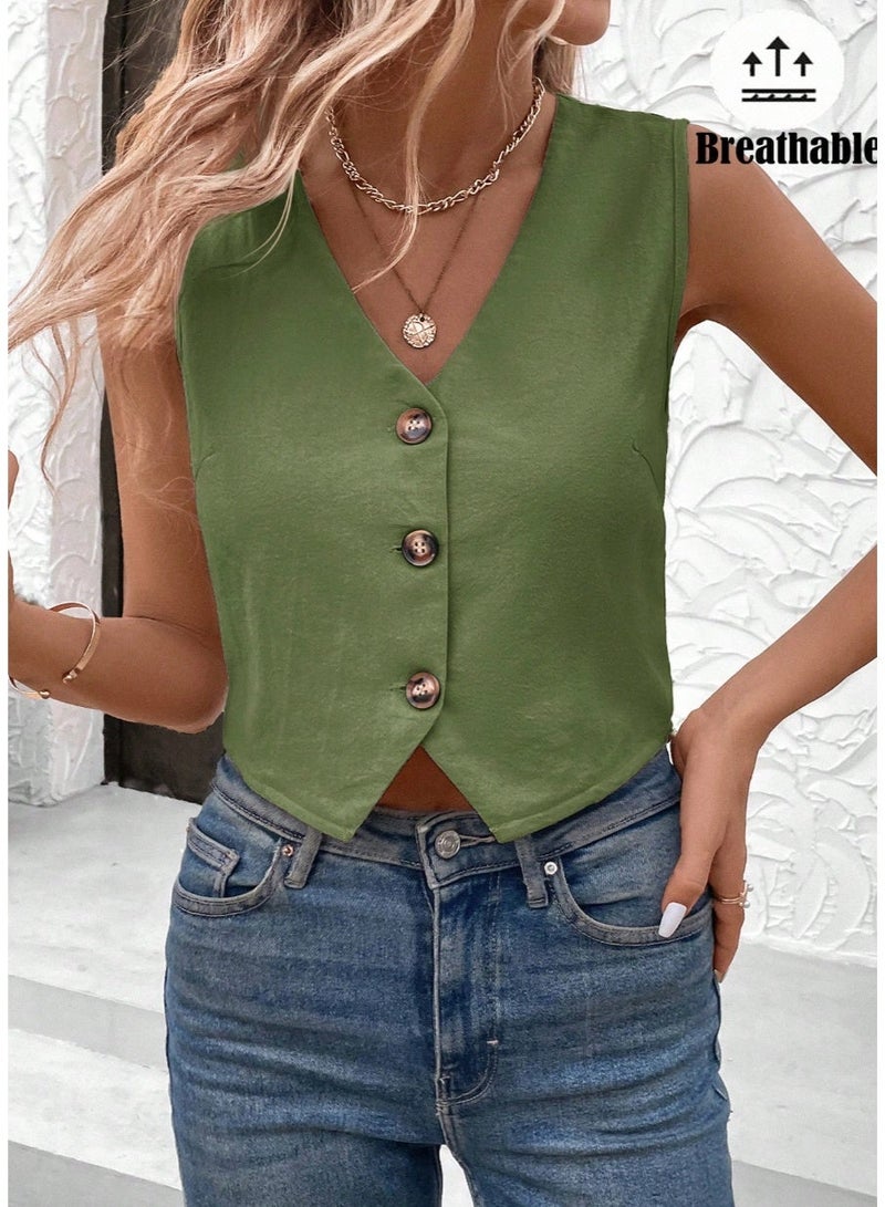 Shein Lady Fashionable Solid Color Vest Shirt Green Top Women Green Summer Top V Neck Tops Casual Tops Women Summer Olive Green Top - Image 5