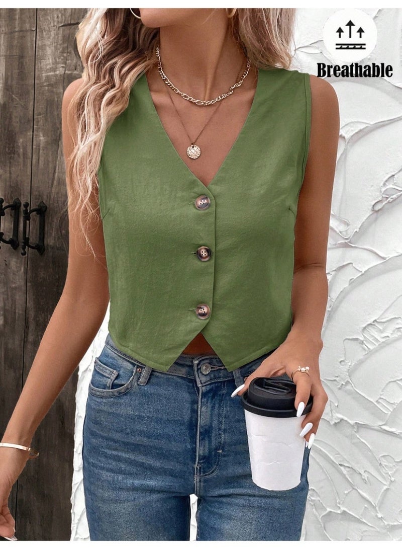 Shein Lady Fashionable Solid Color Vest Shirt Green Top Women Green Summer Top V Neck Tops Casual Tops Women Summer Olive Green Top - Image 3