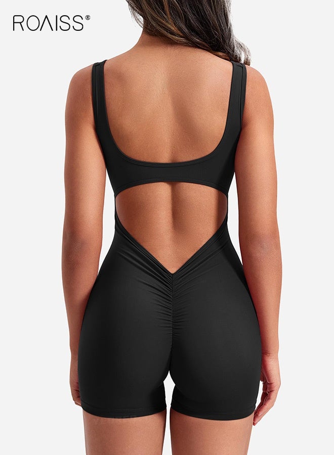 roaiss Sleek Black Backless Jumpsuit for Women Sleeveless Waist Cutout Design with Elegant Pleated Details Stretchy Bodycon Romper with Adjustable Straps Comfortable High Waist Fit - Image 3