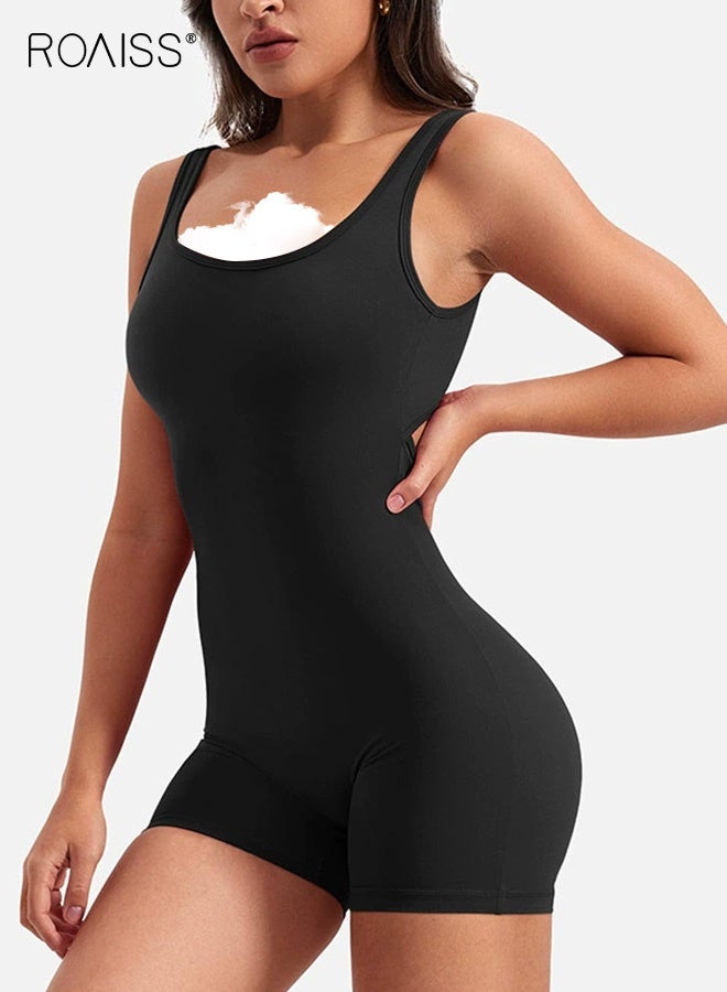 roaiss Sleek Black Backless Jumpsuit for Women Sleeveless Waist Cutout Design with Elegant Pleated Details Stretchy Bodycon Romper with Adjustable Straps Comfortable High Waist Fit - Image 2