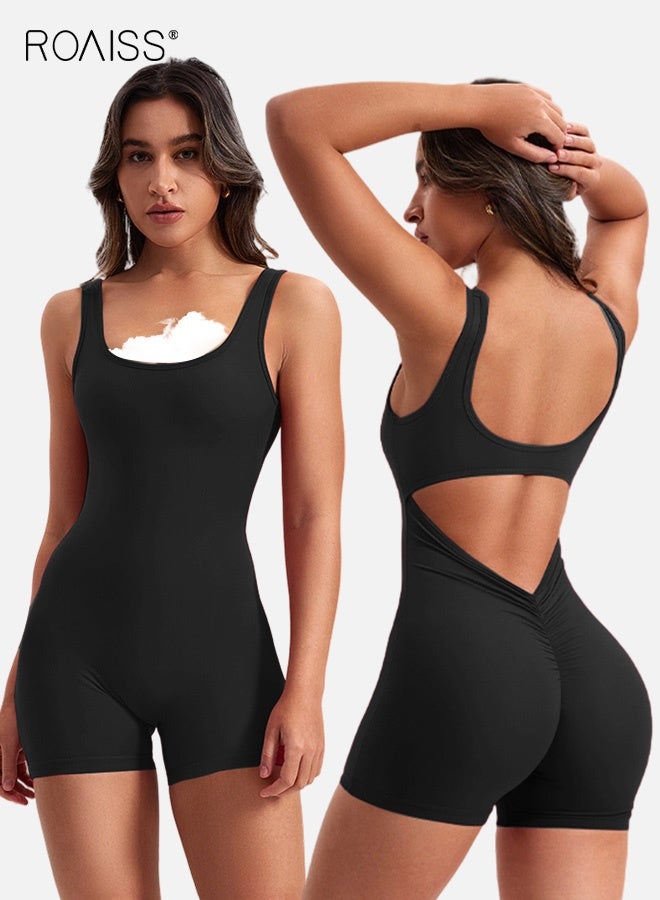 roaiss Sleek Black Backless Jumpsuit for Women Sleeveless Waist Cutout Design with Elegant Pleated Details Stretchy Bodycon Romper with Adjustable Straps Comfortable High Waist Fit - Image 1