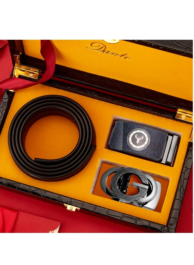 دانتي Double Buckle Belt Set First Layer Cowhide Automatic Buckle Men's Belt Genuine Leather*130cm - Image 1