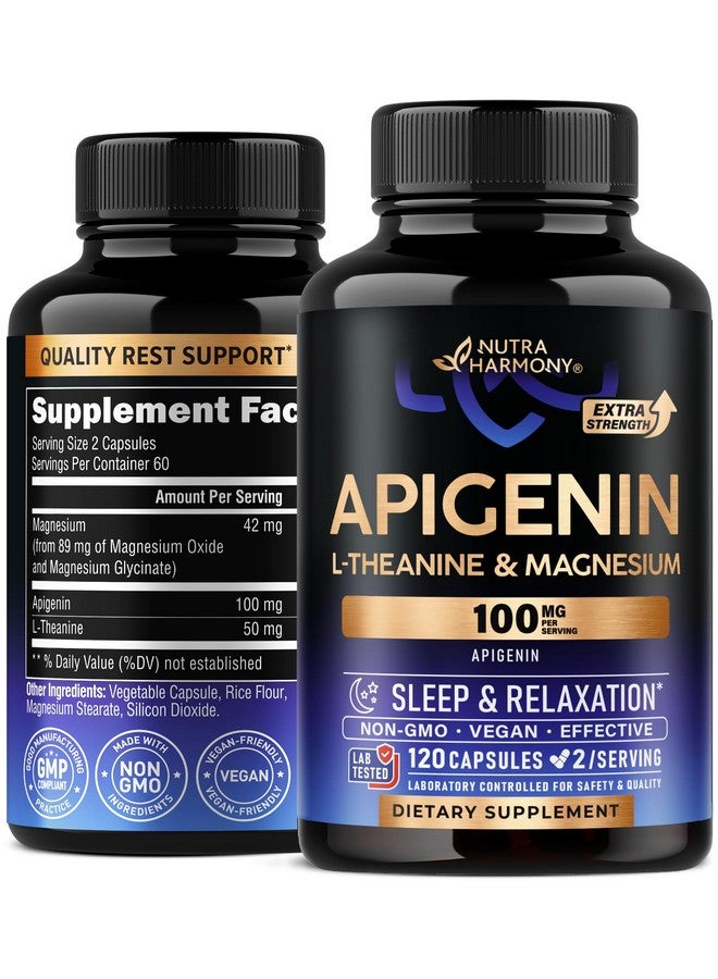NUTRAHARMONY Apigenin 100mg - Apigenin Supplement for Sleep Support with L-Theanine & Magnesium - Sleep, Stress Relief & Relaxation Support for Adults - Naturally Derived from Chamomile - 120 Vegan Capsules  - Image 1