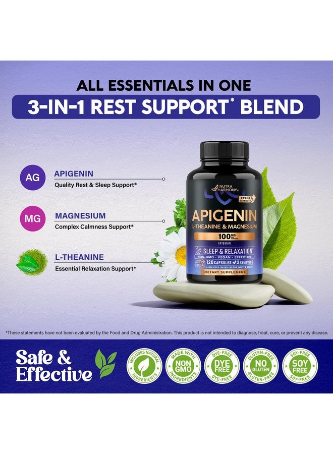 NUTRAHARMONY Apigenin 100mg - Apigenin Supplement for Sleep Support with L-Theanine & Magnesium - Sleep, Stress Relief & Relaxation Support for Adults - Naturally Derived from Chamomile - 120 Vegan Capsules  - Image 4