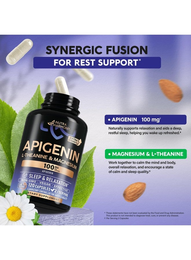 NUTRAHARMONY Apigenin 100mg - Apigenin Supplement for Sleep Support with L-Theanine & Magnesium - Sleep, Stress Relief & Relaxation Support for Adults - Naturally Derived from Chamomile - 120 Vegan Capsules  - Image 3