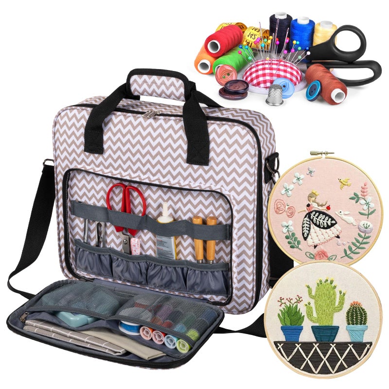 BAGLHER Cross Stitch & Embroidery Organizer Bag - Large Portable Project Storage with 3 Compartments, Travel Friendly Carrying Case for 11.2" Hoops, Threads, Supplies (Stripe) - Image 2