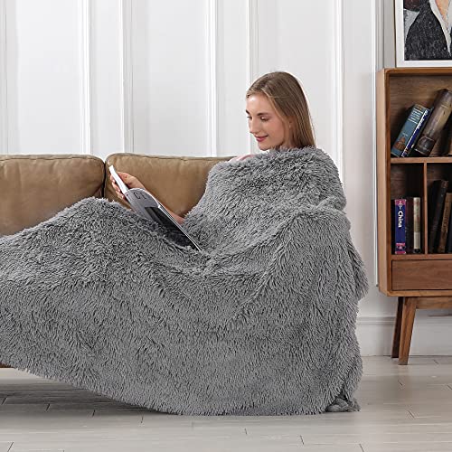 Tuddrom Decorative Extra Soft Faux Fur Throw Blanket 50"x60",Solid Lightweight Fuzzy Reversible Long Hair Shaggy Blanket,Fluffy Cozy Plush Mink Fleece Comfy Microfiber Blanket for Couch Sofa Bed, Grey - Image 2