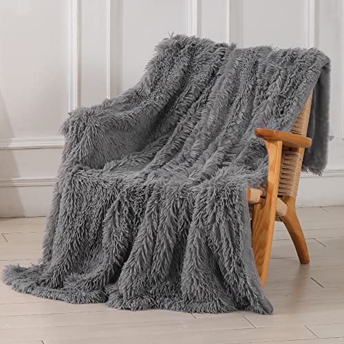 Tuddrom Decorative Extra Soft Faux Fur Throw Blanket 50"x60",Solid Lightweight Fuzzy Reversible Long Hair Shaggy Blanket,Fluffy Cozy Plush Mink Fleece Comfy Microfiber Blanket for Couch Sofa Bed, Grey - Image 1