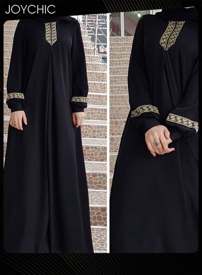 Joychic فستان طويل تقليدي نسائي مسلم بأسلوب عرقي بلون موحد بأكمام طويلة وعباءة قابلة للتنفس مع جيوب ملابس صلاة ماكسي - Image 1