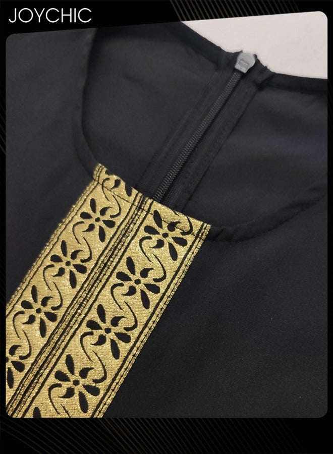 Joychic فستان طويل تقليدي نسائي مسلم بأسلوب عرقي بلون موحد بأكمام طويلة وعباءة قابلة للتنفس مع جيوب ملابس صلاة ماكسي - Image 2