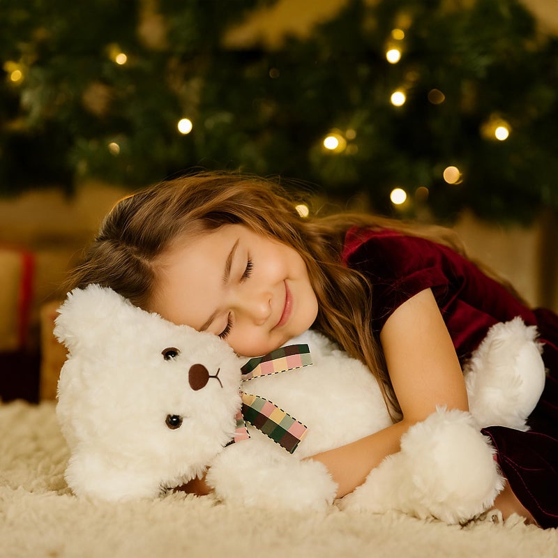 WEIGEDU Fluffy White Teddy Bear Stuffed Animals Plush Toys with Lattice Tie for Kids Babies Birthday Bedtime, 12 inches - Image 2