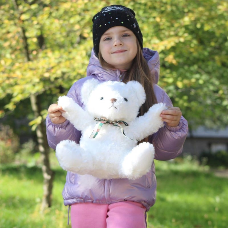 WEIGEDU Fluffy White Teddy Bear Stuffed Animals Plush Toys with Lattice Tie for Kids Babies Birthday Bedtime, 12 inches - Image 5