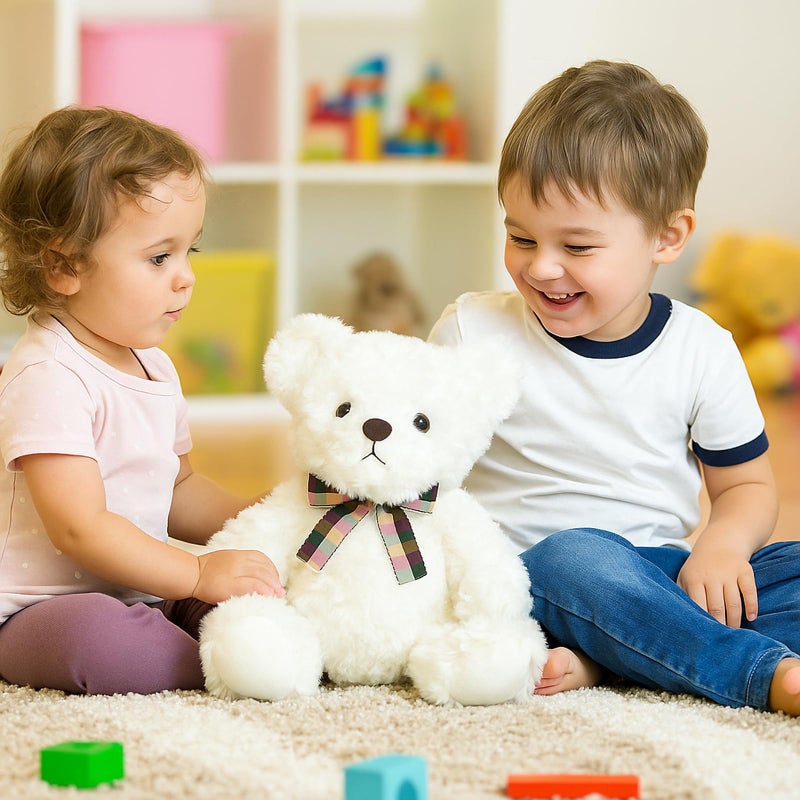 WEIGEDU Fluffy White Teddy Bear Stuffed Animals Plush Toys with Lattice Tie for Kids Babies Birthday Bedtime, 12 inches - Image 4