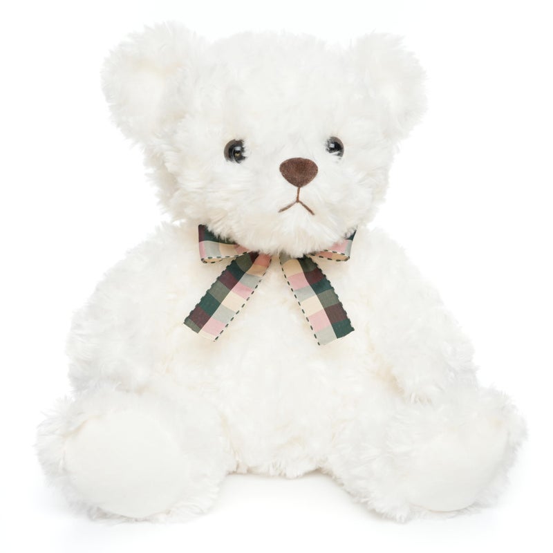 WEIGEDU Fluffy White Teddy Bear Stuffed Animals Plush Toys with Lattice Tie for Kids Babies Birthday Bedtime, 12 inches - Image 1