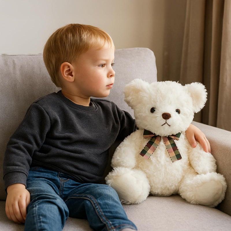 WEIGEDU Fluffy White Teddy Bear Stuffed Animals Plush Toys with Lattice Tie for Kids Babies Birthday Bedtime, 12 inches - Image 3