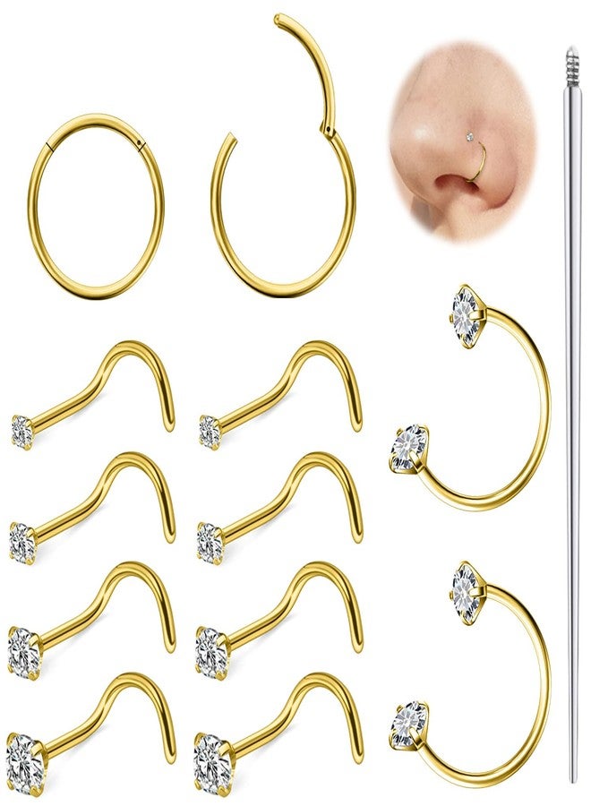 Hoeudjo 18G Horseshoe Nose Ring Surgical Steel Hinged Nose Hoops for Women Nose Studs 1.5MM/2MM/2.5MM/3MM Cubic Zirconia Gold Corkscrew Nostril Ring Body Piercing Jewelry for Women Men - Image 1