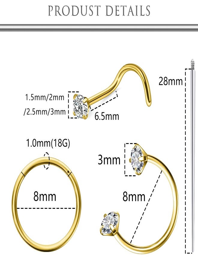 Hoeudjo 18G Horseshoe Nose Ring Surgical Steel Hinged Nose Hoops for Women Nose Studs 1.5MM/2MM/2.5MM/3MM Cubic Zirconia Gold Corkscrew Nostril Ring Body Piercing Jewelry for Women Men - Image 2