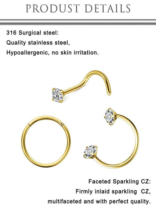 Hoeudjo 18G Horseshoe Nose Ring Surgical Steel Hinged Nose Hoops for Women Nose Studs 1.5MM/2MM/2.5MM/3MM Cubic Zirconia Gold Corkscrew Nostril Ring Body Piercing Jewelry for Women Men - Image 3
