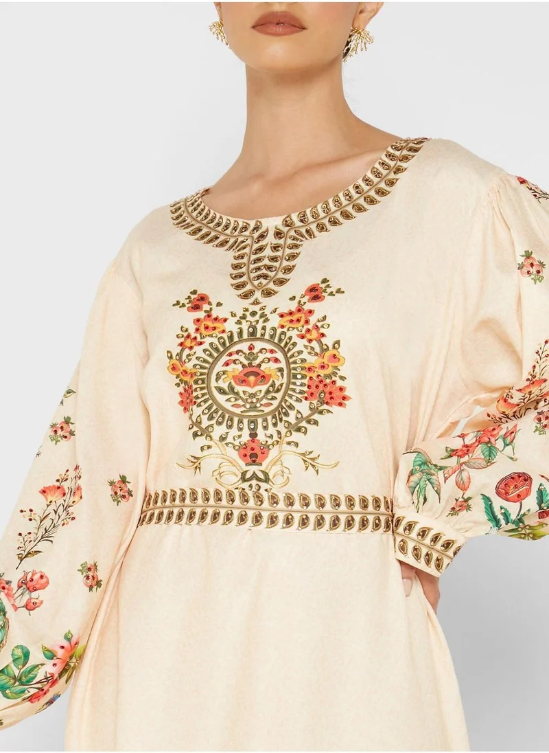 ARABIAN CLOSET Belt Detail Printed Jalabiya