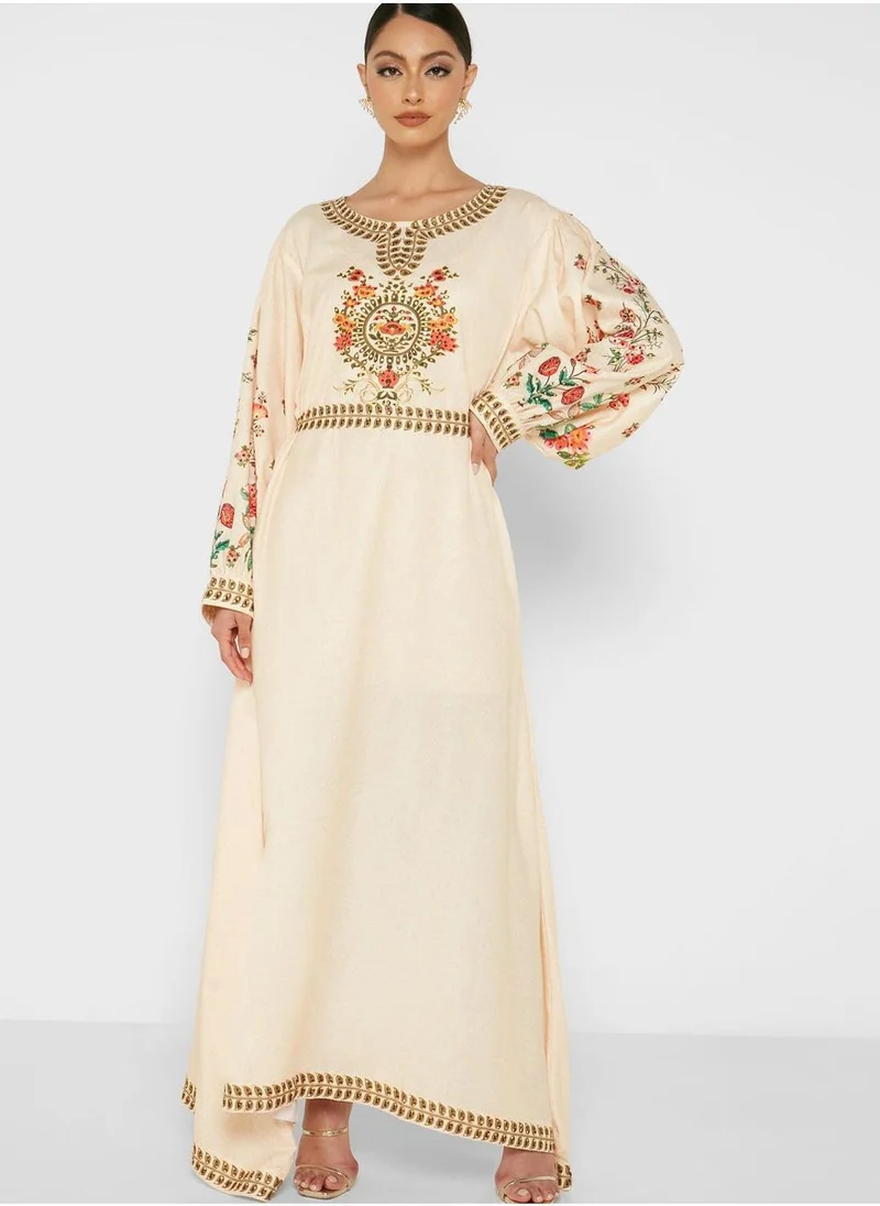 ARABIAN CLOSET Belt Detail Printed Jalabiya