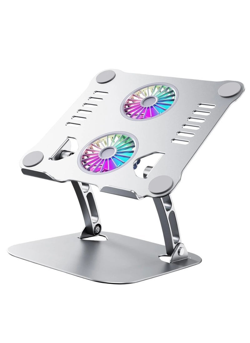 ELTRAZONE Laptop Stand V4.0 for Desk with Built-In Cooling Fans – Ergonomic Double Axis 180° Adjustable Aluminum Notebook Riser Holder, Compatible with 11” to 17.3” Laptops, Stable & Foldable Desktop Stand for MacBook, Dell, HP, Lenovo – Silver - Image 1