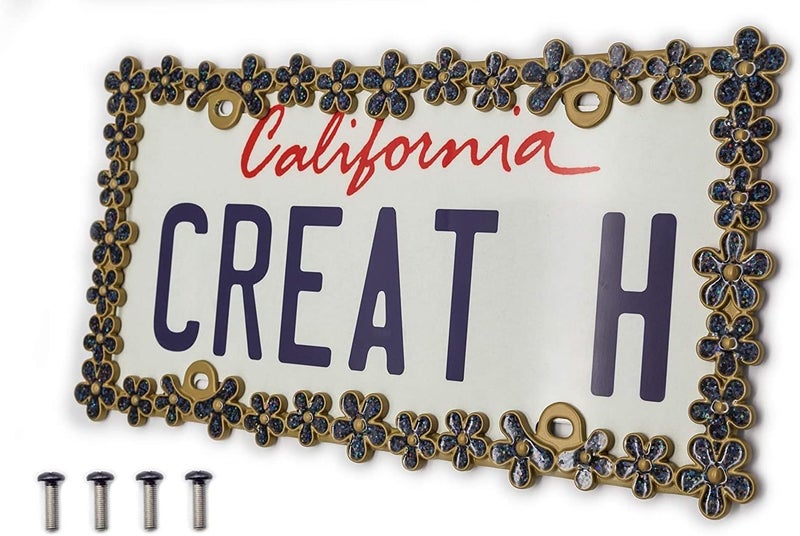 CRAFTHOME 3D Shining Daisy Wrenth License Plate Frame from Pure Zinc Alloy Metal Perfect Plate Holder,Matt Gold with Black Glitter - Image 1
