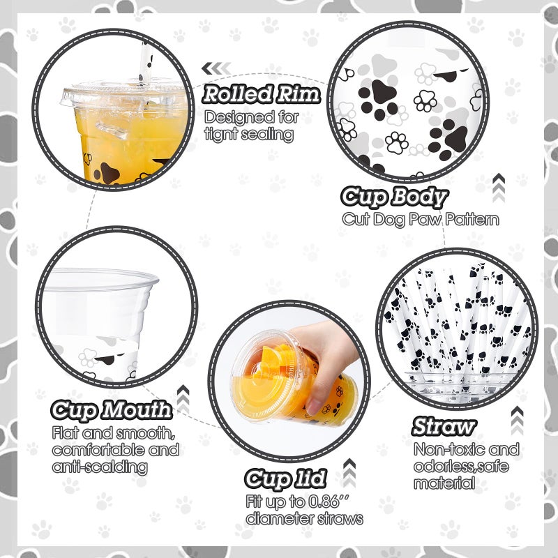 meekoo Dog Paw Plastic Cups  12 oz  50 Sets  Clear  Disposable  with Lids and Straws  for Parties and Celebrations - Image 3