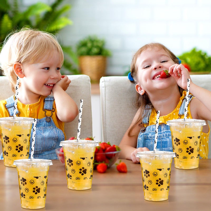 meekoo Dog Paw Plastic Cups  12 oz  50 Sets  Clear  Disposable  with Lids and Straws  for Parties and Celebrations - Image 5