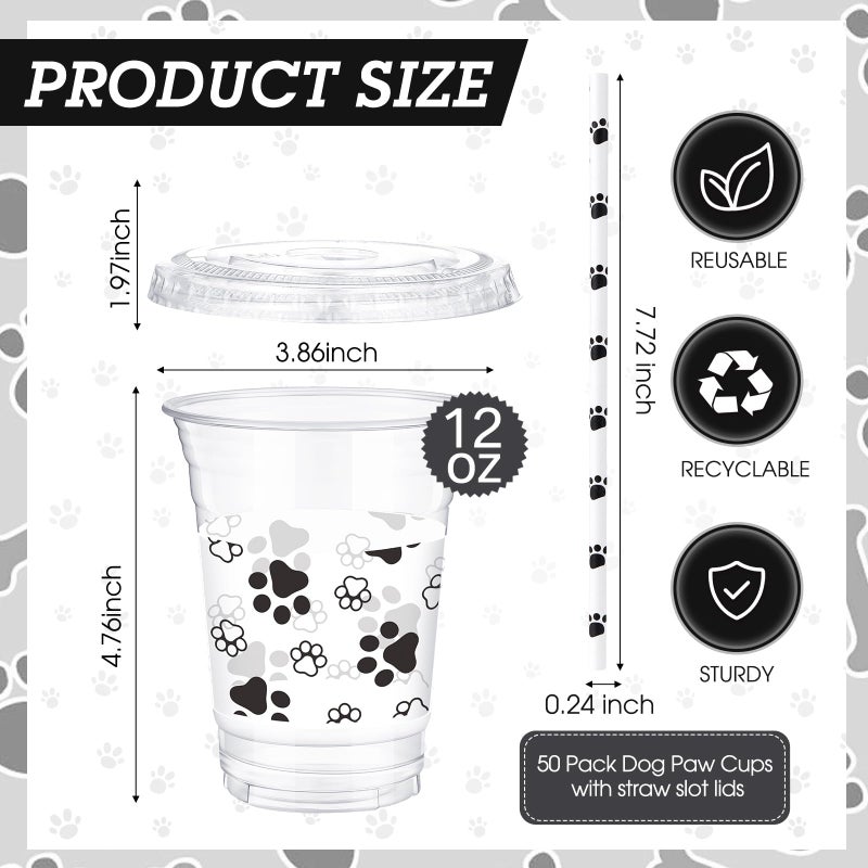 meekoo Dog Paw Plastic Cups  12 oz  50 Sets  Clear  Disposable  with Lids and Straws  for Parties and Celebrations - Image 2