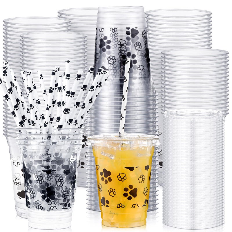 meekoo Dog Paw Plastic Cups  12 oz  50 Sets  Clear  Disposable  with Lids and Straws  for Parties and Celebrations - Image 1