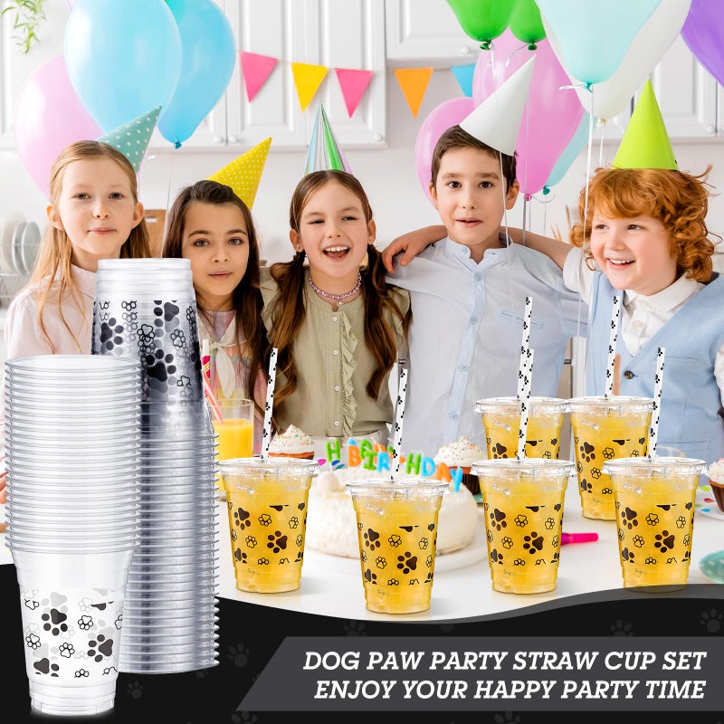 meekoo Dog Paw Plastic Cups  12 oz  50 Sets  Clear  Disposable  with Lids and Straws  for Parties and Celebrations - Image 4
