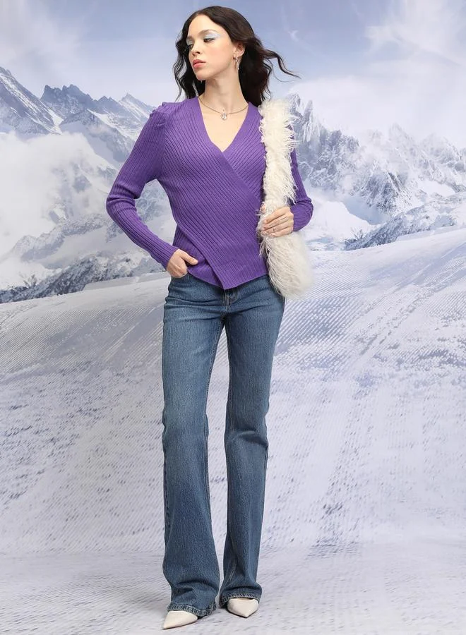 Tokyo Talkies Ribbed V-Neck Puff Sleeves Sweater by Styli