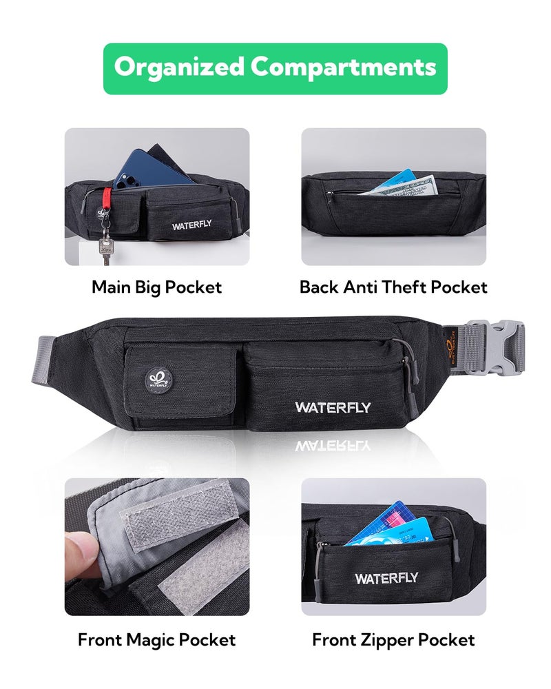 WATERFLY حقيبة خصر WATERFLY للنساء والرجال مقاومة للماء صغيرة بحجم الخصر حزام نحيف مع 4 جيوب حقيبة صدر خفيفة الوزن تناسب جميع الهواتف، 11.02 × 2.1 × 4.3 بوصة - Image 4