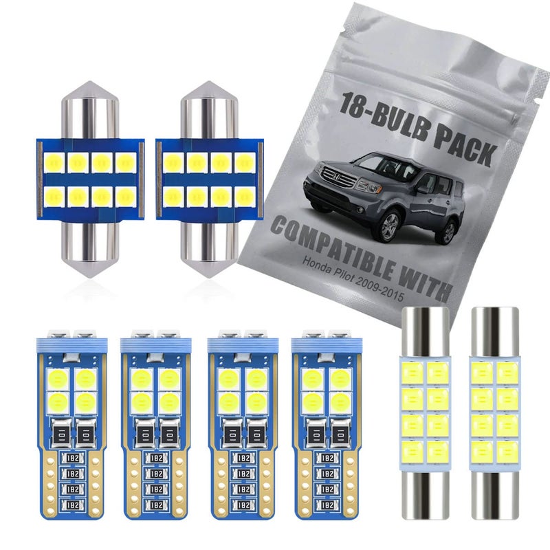 EBAIFUN 18pc White LED Interior Light Kit Compatible with Honda Pilot 2009 2010 2011 2012 2013 2014 2015 Map Dome Trunk Vanity Mirror Door License Plate Light Bulb Replacement Bright 6000K Package