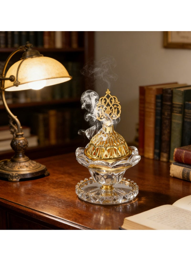 مبخرة بخور زجاجية كريستالية دوارة 360 درجة | مبخرة بخور مدخان بقاعدة ذهبية مع مشبك | هدية ديكور منزلي (8 سم × 13 سم) - Image 2