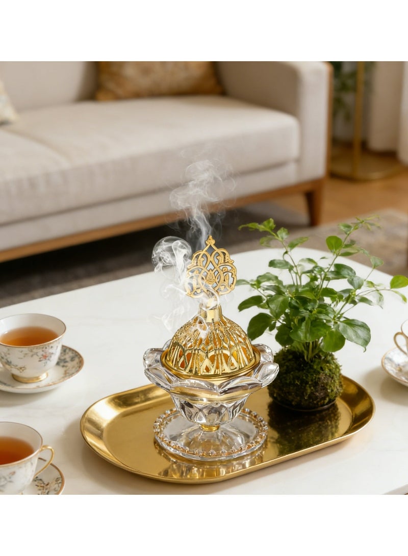مبخرة بخور زجاجية كريستالية دوارة 360 درجة | مبخرة بخور مدخان بقاعدة ذهبية مع مشبك | هدية ديكور منزلي (8 سم × 13 سم) - Image 3