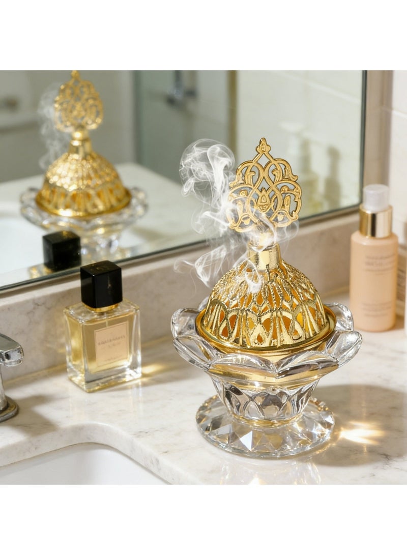 مبخرة بخور زجاجية كريستالية دوارة 360 درجة | مبخرة بخور مدخان بقاعدة ذهبية مع مشبك | هدية ديكور منزلي (8 سم × 13 سم) - Image 4