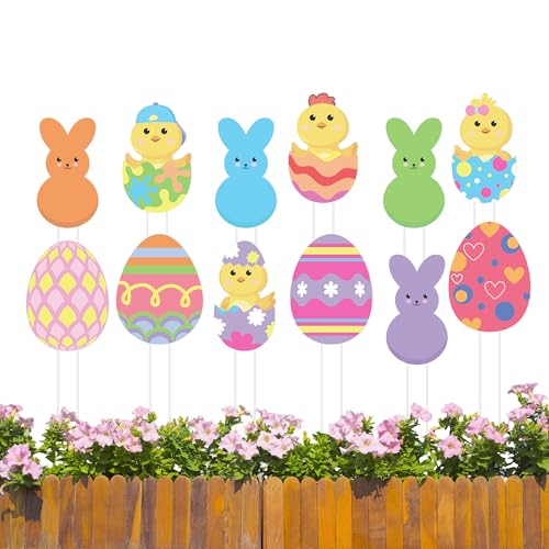 Iceyyyy 12 Pcs Easter Egg Planter Stakes11 Inch Bunny Egg Chick Planter StakesEaster Yard Stakes Garden Signs for Home Plant Pot Party Supplies Outdoor Lawn Decor - Image 1