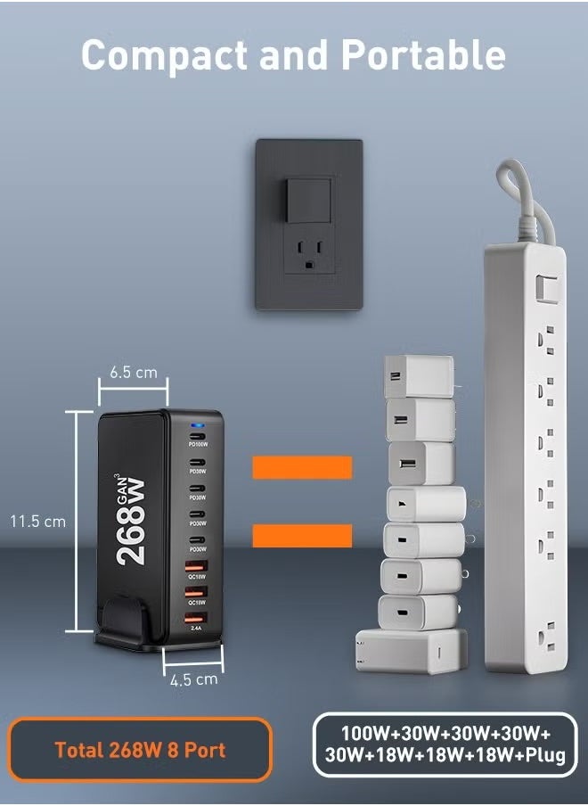Generic - 268W GaN USB C Charger, 8 Port Type C Fast Charging Station Hub Block, Wall Charger Power Strip Adapter Plug Cube 5 PD USB C 3 QC USB A Laptop Charger for MacBook Air Sumsung S23 iPhone 15 14 iPad - Image 1