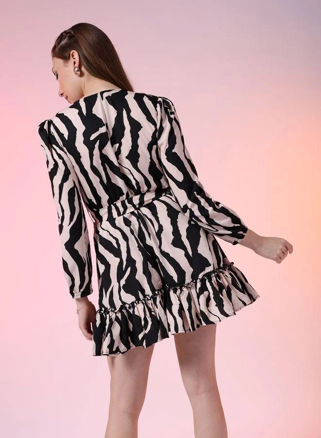 مرفوعة Women Fit and Flared Party Wear Animal Print Wrap Around Dress