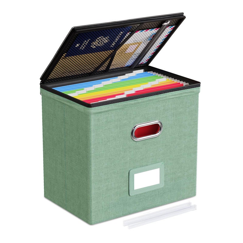 Oterri 1 Pack File Organizer Boxes with Lids, File Box with Mesh Pockets, Document Organizer Box for File Folders Letter Size, Zippers Filing Box for Home, Office, School (Green, Without Folders) - Image 1