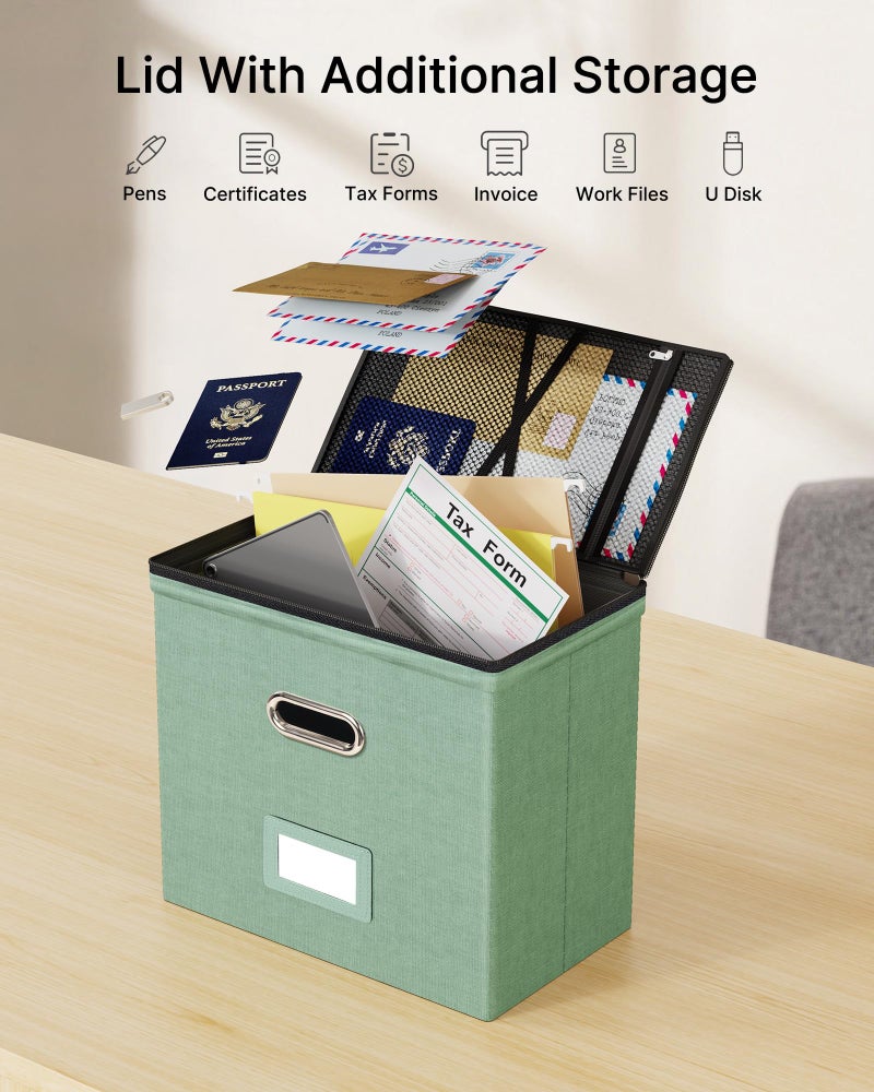Oterri 1 Pack File Organizer Boxes with Lids, File Box with Mesh Pockets, Document Organizer Box for File Folders Letter Size, Zippers Filing Box for Home, Office, School (Green, Without Folders) - Image 2