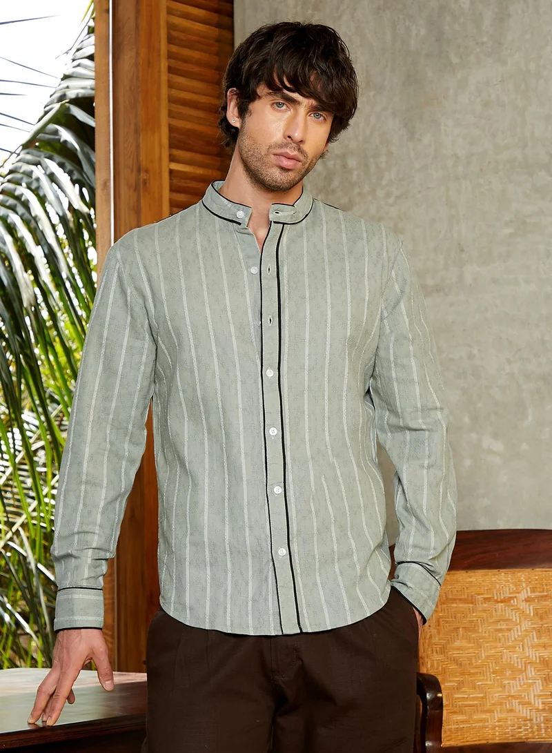 CAHOOT Men's Light Pistachio Stripes Regular Shirt For Casual Wear | Collared Neck | Long Sleeve | Button Closure | Cotton Blend Shirt Crafted With Comfort Fit For Everyday Wear