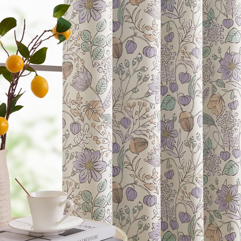 jinchan Nursery Curtains 95% Blackout Purple Floral Curtains for Girls Room, 84 Inch Length Farmhouse Drapes for Bedroom Living Room Darkening Window Treatment Grommet Top Set of 2 Panels - Image 1